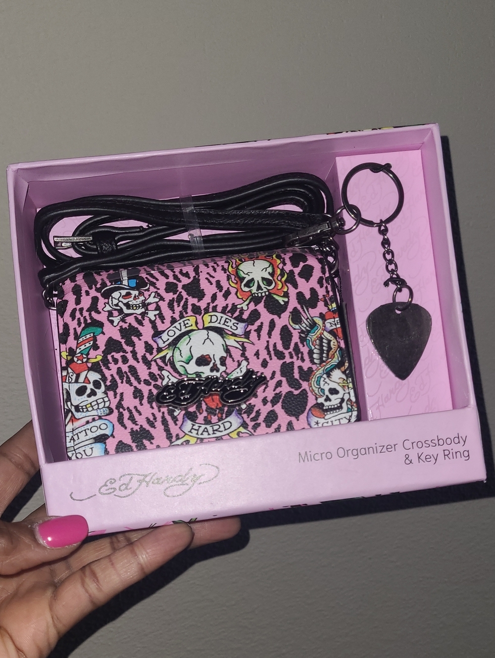 Ed Hardy Pink Leopard Skull Micro Organizer Crossbody with Black Strap
